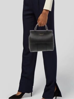 Tory Burch Black Leather Structured Satchel with Gold Logo VGUC